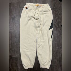 Aviator Nation Sz M Sweatpants in Buttercream with Black Lightning Bolt